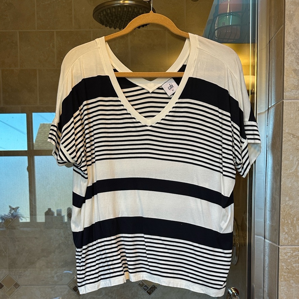 CAbi Black and White Striped V-Neck Top
